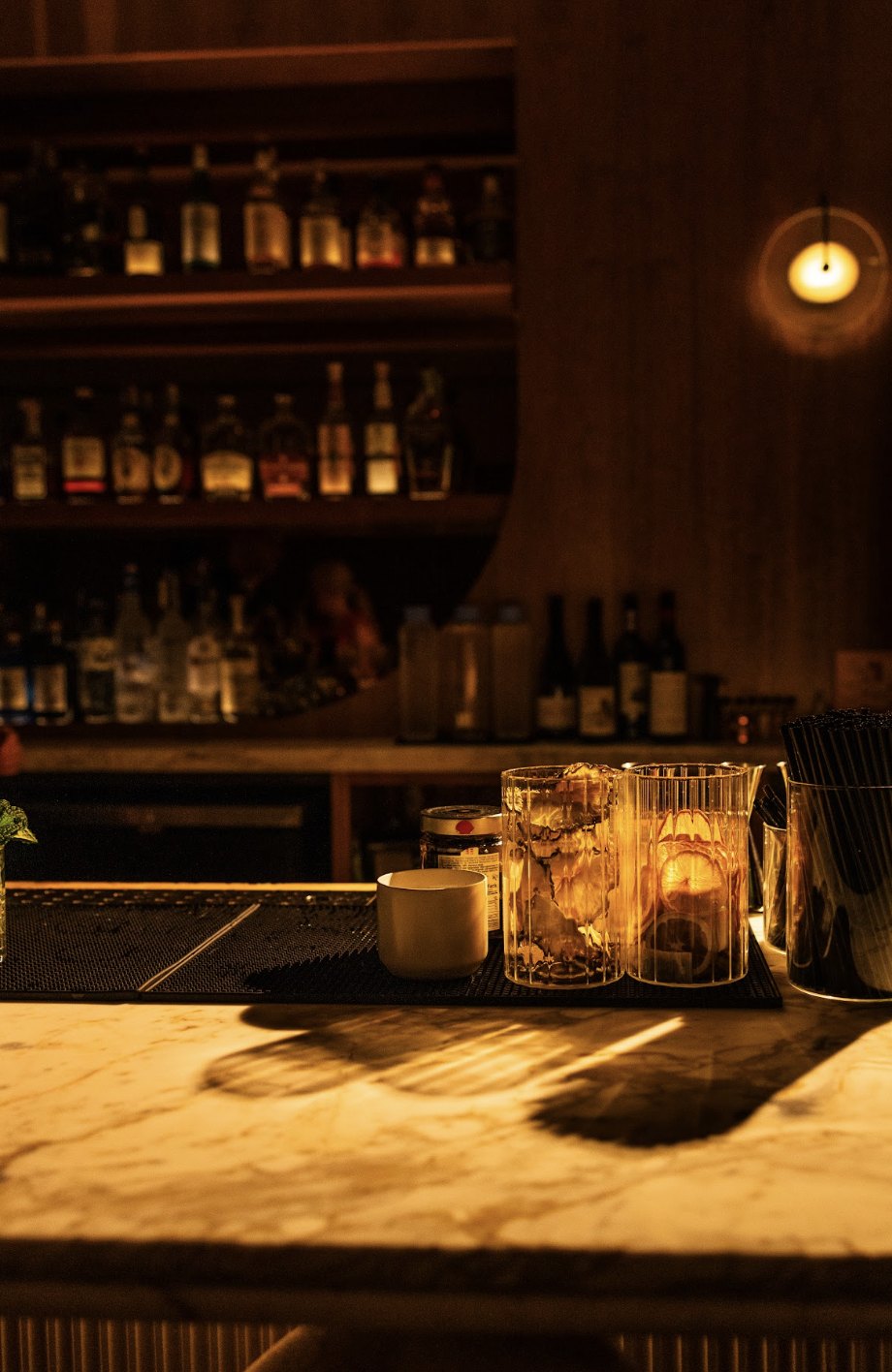 Glassware on the marble bar